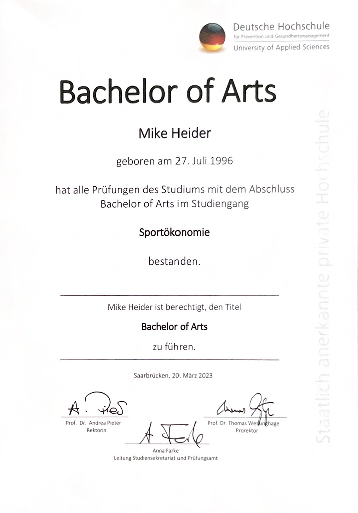 Mike Heider - Zertifikat: Bachelor of Arts Sportökonom